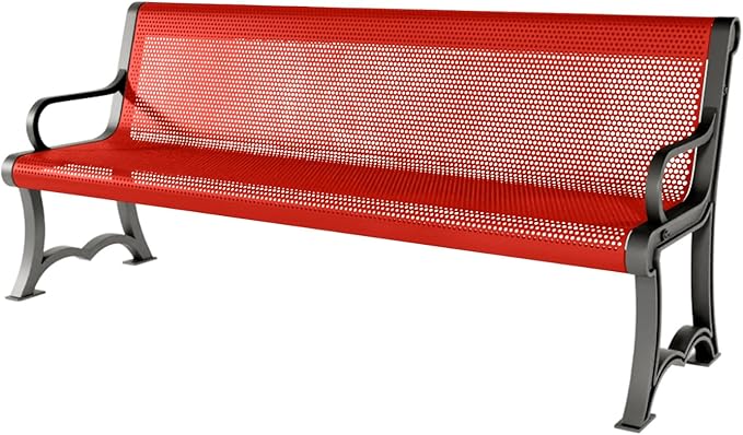 COATEDOUTDOORFURNITURE Coated Outdoor Furniture Heavy-Duty Outdoor Bench Thermoplastic Coated, Punched Steel, Commercial-Grade Garden Bench, Made in America (Portable with Back, 6 Ft, Red)