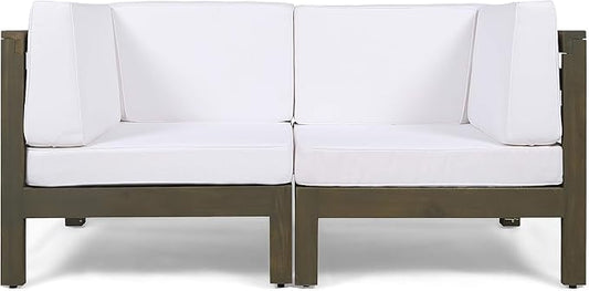GDFStudio Outdoor Sectional Loveseat Set | 2-Seater | Acacia Wood | Water-Resistant Cushions | Gray and White