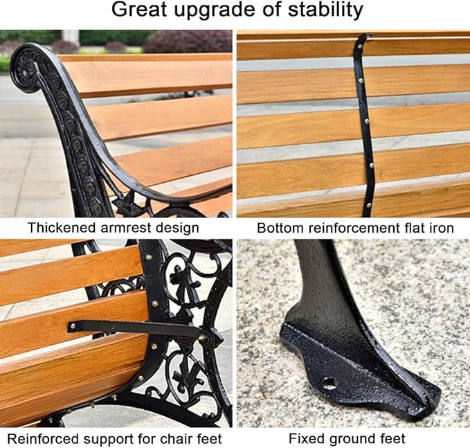 Outdoor Bench, Solid Wood Garden Bench, Metal Bench with Backrest and Armrest, Park Patio Bench for Porch, Lawn(Brown,120cm/47.2in)
