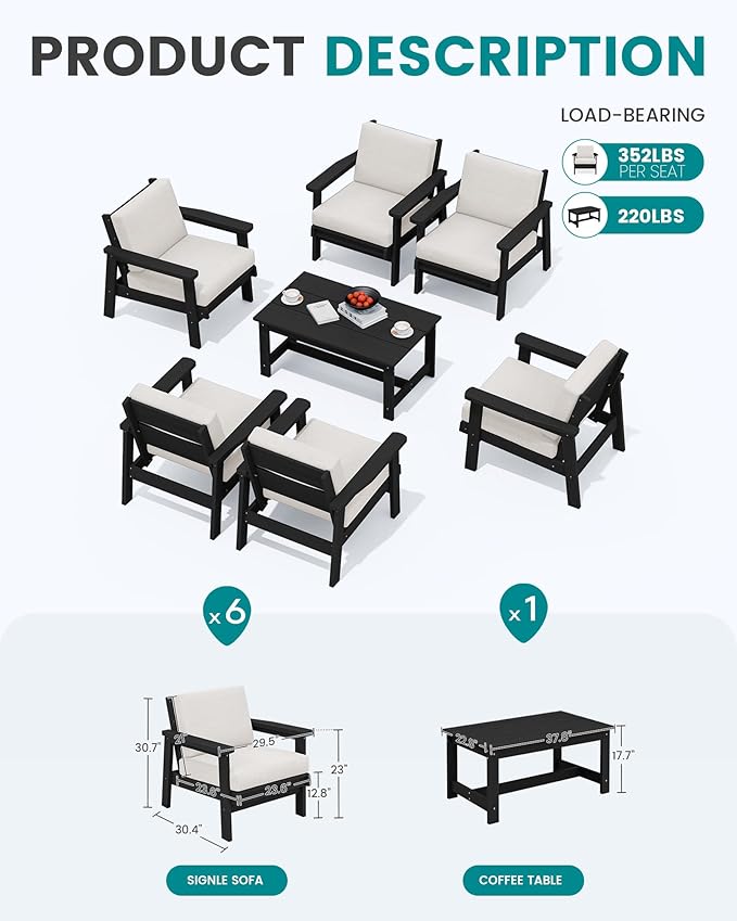 SERWALL Patio Conversation Sets, 7 Piece, Black Frame with Khaki Cushions - Photo 2