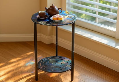 2-Tier Metal Round Side Table Black Accent Coffee Tables Small Space Corner Plant Stand Shelf for Indoor Outdoor Use Patio Balcony End Table Floral Print Weather-Resistant