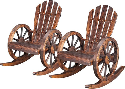 Outvita Adirondack Rocking Chair Set of 2, Wood Wagon Rocker, Outdoor Wooden Carbonized Lounge Chairs with Wheel Armrest for Garden Patio Country Yard Porch, Fir