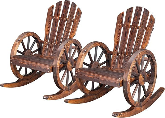 Outvita Adirondack Rocking Chair Set of 2, Wood Wagon Rocker, Outdoor Wooden Carbonized Lounge Chairs with Wheel Armrest for Garden Patio Country Yard Porch, Fir