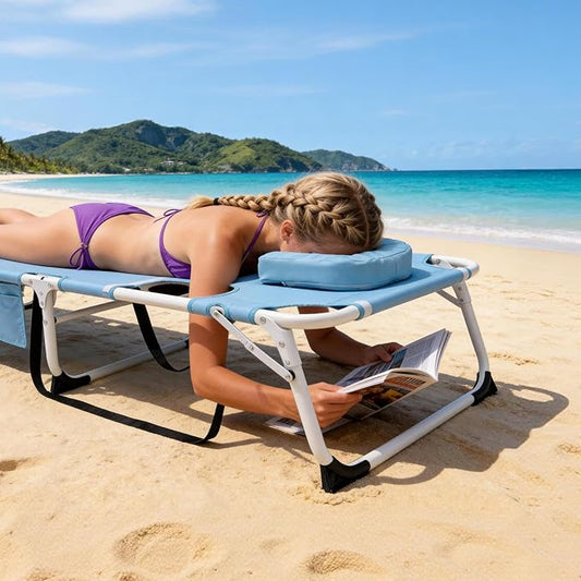 ABORON 4-in-1 Lounge Chair with Face & Arm Holes for Tanning, 440LB Heavy-Duty Folding Recliner with Plush Cotton Cushion, No Assembly Tri-Fold Guest Bed for Sunbathing, Poolside, Office Nap & Camping