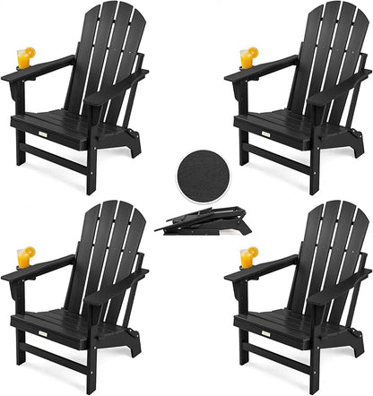 Folding Adirondack Chairs Set of 4, All Weather Stable Gun-Leg Design Fire Pit Chairs with Cupholder for Outside