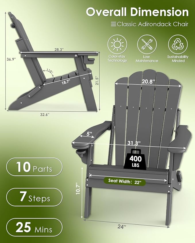 GREENVINES Oversized-Folding-Adirondack-Chairs-Set-of-6 | HDPE Plastic | Cup Holder | Fire Pit Chair | All Weather | for Outdoor Deck Backyard | Grey