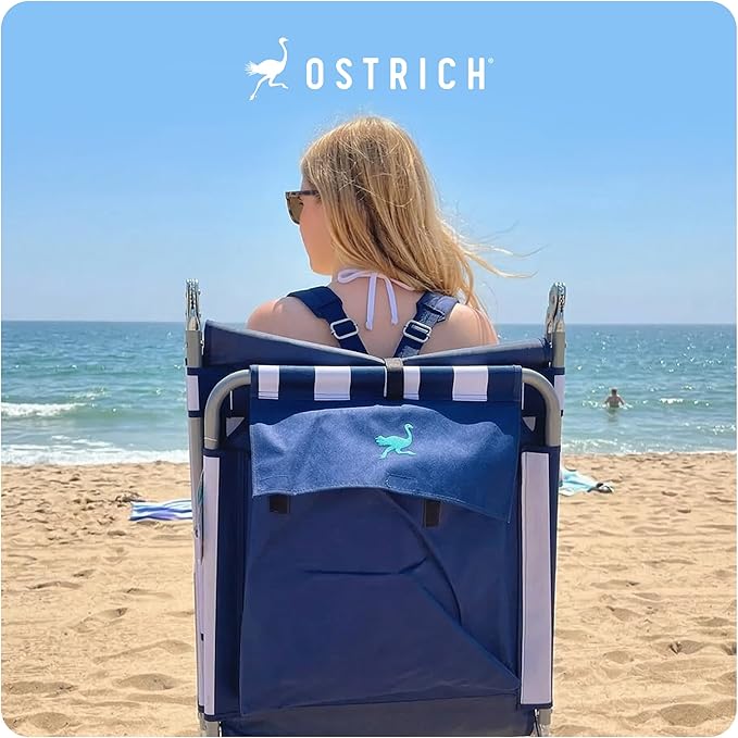 Ostrich the Backpack Chaise Lounge, Folding & Reclining Outdoor Beach Chaise Lounger Chair for Lawn, Pool, Patio, Garden, and Yard, Blue Stripe