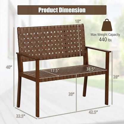 Tangkula Patio Loveseat Bench, Outdoor All Weather Bench with Solid Rubber Wood Frame & Hand Woven PU Leather, Indoor Outdoor 2-Seater Conversation Chair for Backyard, Garden, Poolside