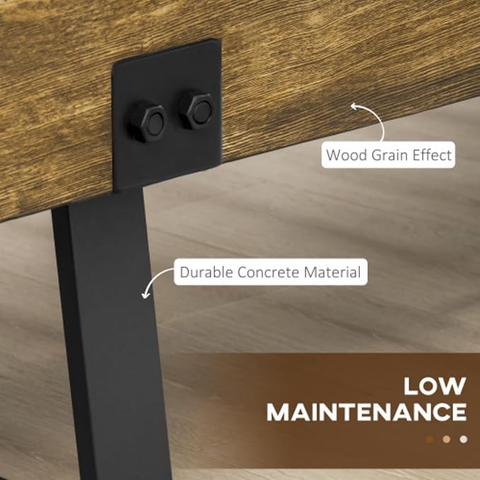 Wood-Effect Concrete Garden Bench with Metal Legs, Rustic Indoor Outdoor Bench for Patio Porch Entryway & End of Bed, All-Weather Durable Furniture, Natural and Black