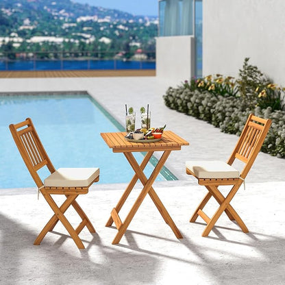 HAPPYGRILL Folding Patio Chairs Set Acacia Wood Outdoor Dining Chairs with Slatted Backrests and Soft Seat Cushions for Porch, Backyard and Garden, 400 LBS Weight Capacity (2,Back Style B)