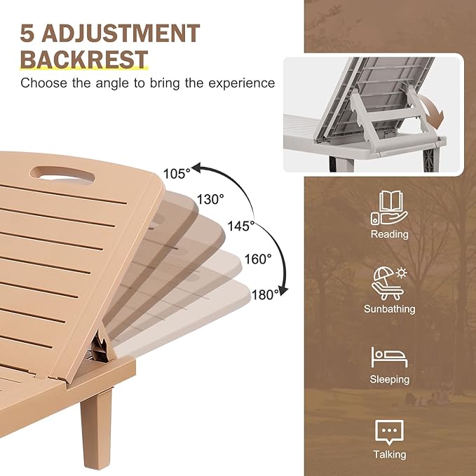 CDCASA Outdoor Chaise Lounge Set of 2, Pool Lounge Chairs w/5 Adjustable Positions & Side Tray, Waterproof Resin Lounges for Poolside,Yard,Garden,Sunbathing, for All Weather, Brown