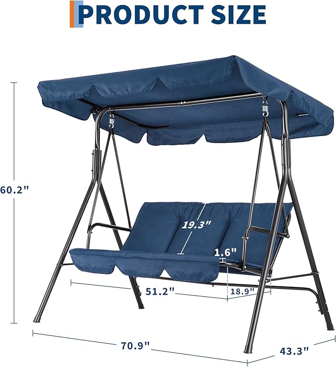 Porch Swing Chair with Adjustable Canopy for Adults 3-Seat Patio Glider Bench with Thick Cushions Steel Frame Outdoor Swing Chair for Backyard Lawn Garden Blue