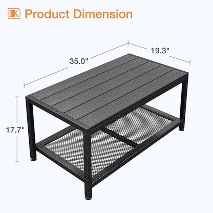 ODK Outdoor Coffee Table with Double-Layer Storage, Rectangle Weather-Resistant Patio Coffee Table for Garden, Balcony, Hot Tub, Poolside, Heavy-Duty Metal Frame, Black