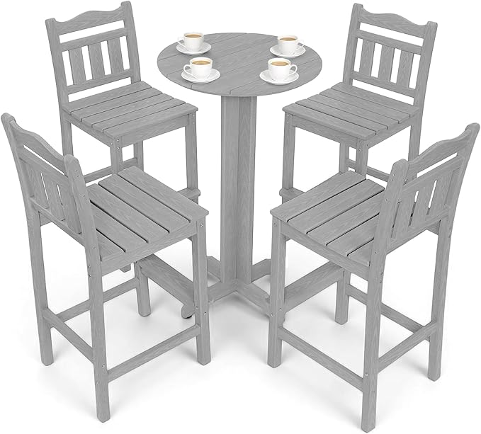 5-Piece Outdoor Bar Set, HDPE Adirondack Bar Height Chairs Set of 4 and Round Pub Table, All Weather Outdoor Patio Bar Furniture for Bistro, Deck, Balcony, Poolside (Slate Grey)