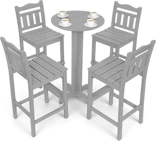 5-Piece Outdoor Bar Set, HDPE Adirondack Bar Height Chairs Set of 4 and Round Pub Table, All Weather Outdoor Patio Bar Furniture for Bistro, Deck, Balcony, Poolside (Slate Grey)