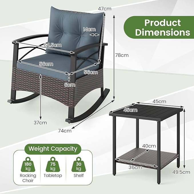 ORALNER 3-Piece Wicker Rocking Chair Set, Outdoor Cushioned Rocker and Acacia Wood Side Table, 400lbs Capacity, PE Rattan Patio Conversation Bistro Set for Porch, Garden, Deck, Poolside, Yard (Gray)