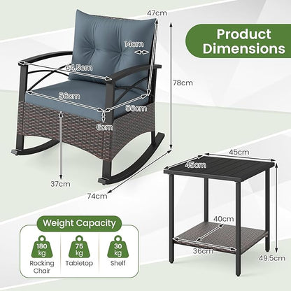 ORALNER 3-Piece Wicker Rocking Chair Set, Outdoor Cushioned Rocker and Acacia Wood Side Table, 400lbs Capacity, PE Rattan Patio Conversation Bistro Set for Porch, Garden, Deck, Poolside, Yard (Gray)
