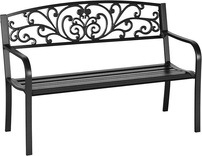 Outsunny 50" Outdoor Bench, Metal Garden Bench with Floral Pattern Backrest, Porch Bench with Slatted Seat for Park, Yard, Lawn, Black