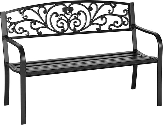 Outsunny 50" Outdoor Bench, Metal Garden Bench with Floral Pattern Backrest, Porch Bench with Slatted Seat for Park, Yard, Lawn, Black