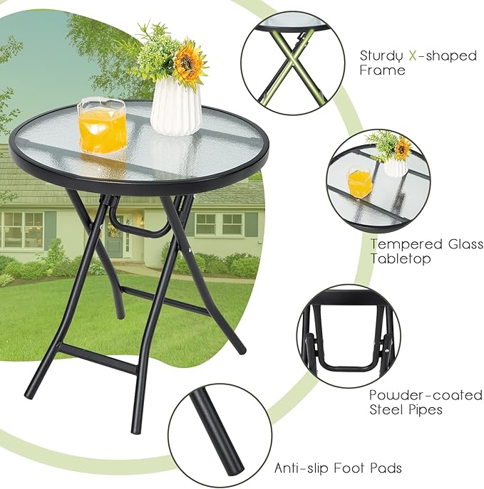 Tangkula Patio Bistro Table, 18" Round Side Table with Tempered Glass Tabletop, Rustproof Frame and Stable X-Shaped Structure, Folding Side Table for Indoor and Outdoor Use
