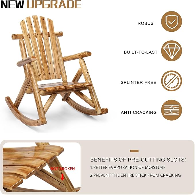 Outvita Wooden Rocking Chair Set of 2, Fir Log Adirondack Rocker, Outdoor Wood Accent Furniture Lounge Chairs for Garden Patio Backyard Porch (Light carbonized)
