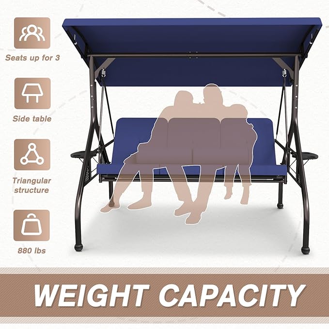 3 Seat Outdoor Porch Swing Bench, Adjustable Canopy Swing Chair - Photo 5