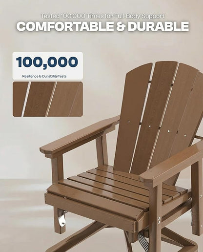 HDPE Outdoor Swivel Glider Chair Set of 2 with Folding Side Table & 9FT Patio Umbrella, Adirondack Wooden Textured Swivel Chairs for Porch, Balcony, Poolside, Backyard (Teak)