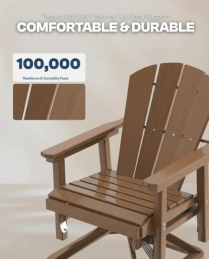 HDPE Swivel Glider Chair Outdoor, Weather Resistant Adirondack Outside Rocking Chair, Wooden Textured Outdoor Swivel Chair Set of 2 for Porch, Balcony, Poolside, Backyard (Teak)