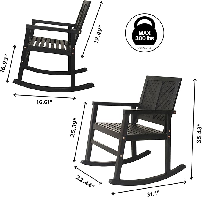 JONATHAN Y RCK100C Ned Modern Chevron-Back 300-Lbs Support Acacia Wood Patio Outdoor Rocking Chair for Garden, Lawn, Backyard, Pool, Deck, Beach, Firepit, Black