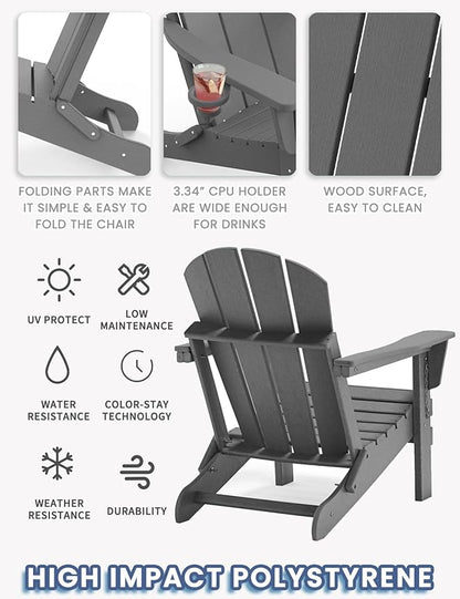 Adirondack Chair with Cup Holder Set of 2, Folding HDPE Patio Chairs, Outdoor Plastic Fire Pit Chair, Wood Texture, Lawn Chairs for Deck, Porch, Backyard, Garden, Slate Gray