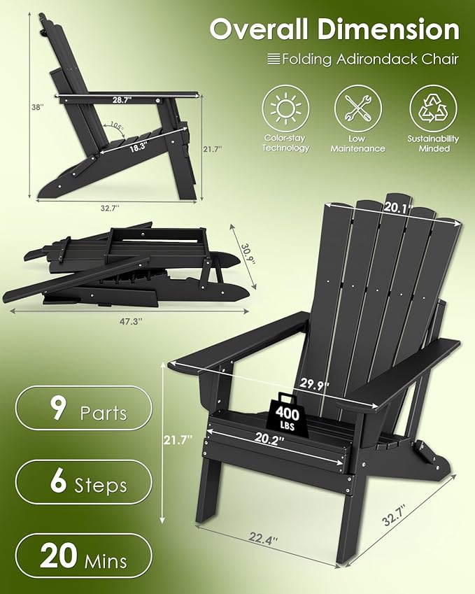 GREENVINES Folding-Adirondack-Chairs-Set-of-6 | HDPE Plastic | Throne Series | Fire Pit Chair | All Weather | for Outdoor Patio Deck Backyard Poolside | Black