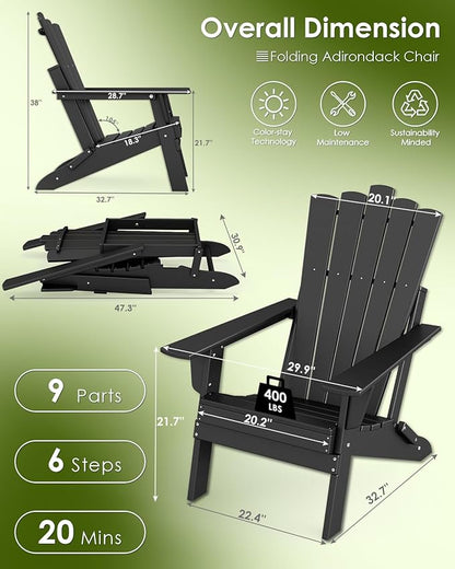 GREENVINES Folding-Adirondack-Chairs-Set-of-6 | HDPE Plastic | Throne Series | Fire Pit Chair | All Weather | for Outdoor Patio Deck Backyard Poolside | Black