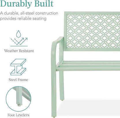 Best Choice Products Outdoor Bench 2-Person Metal Steel Benches Furniture for Garden, Patio, Porch, Entryway w/Geometric Backrest, 790lb Capacity - Mint Green