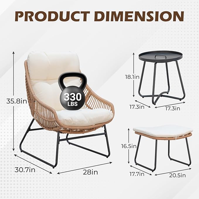 PROHIKER Outdoor Chaise Lounge Chair Set, Indoor Wicker Papasan Egg Chair with Thick Cushion, Ottoman and Table, Oversized Rattan Reading Lounge Recliner for Living Room Patio Yard, Beige