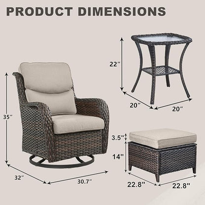 Rilyson Wicker Patio Furniture Set - 5 Piece Rattan Outdoor Sectional Conversation Sets with 2 Swivel Rocking Chairs,2 Ottomans and 1 Side Table for Porch Deck Garden(Brown/Beige/Smile)