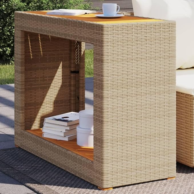 vidaXL Patio Side Table - Wooden Top, Poly Rattan, Beige/Brown, 39.4"x15.7"x29.5" for Garden, Backyard, Patio - Photo 2