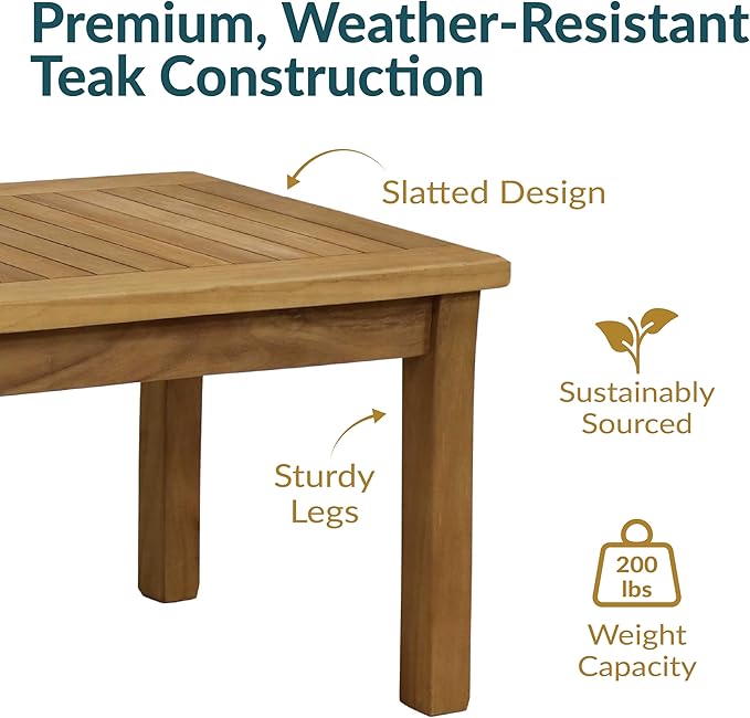 Sunnydaze 45-Inch Solid Teak Rectangular Outdoor Coffee Table - Patio Coffee Table for Outside - Light Brown Wood Stain Finish