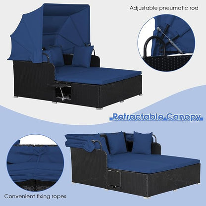 RELAX4LIFE Patio Outdoor Daybed with Canopy, Wicker Sunbed w/Cushions, 4 Pillows & 2 Retractable Side Trays, 2-Person Lounge Bed Conversation for Poolside Porch Garden, Rattan Outdoor Bed (Navy)