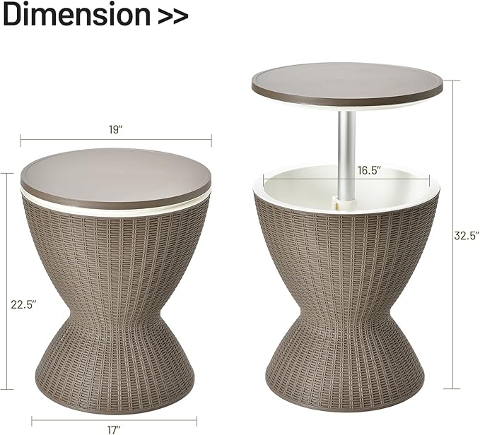 Tangkula Outdoor Cool Bar Table, Rattan Style Patio 8 Gallon Beer and Wine Cooler, All-Weather Ice Bucket w/Height Adjustable Top, Drainage Plug, 3-in-1 Cocktail Coffee Table for Party, Pool (Coffee)
