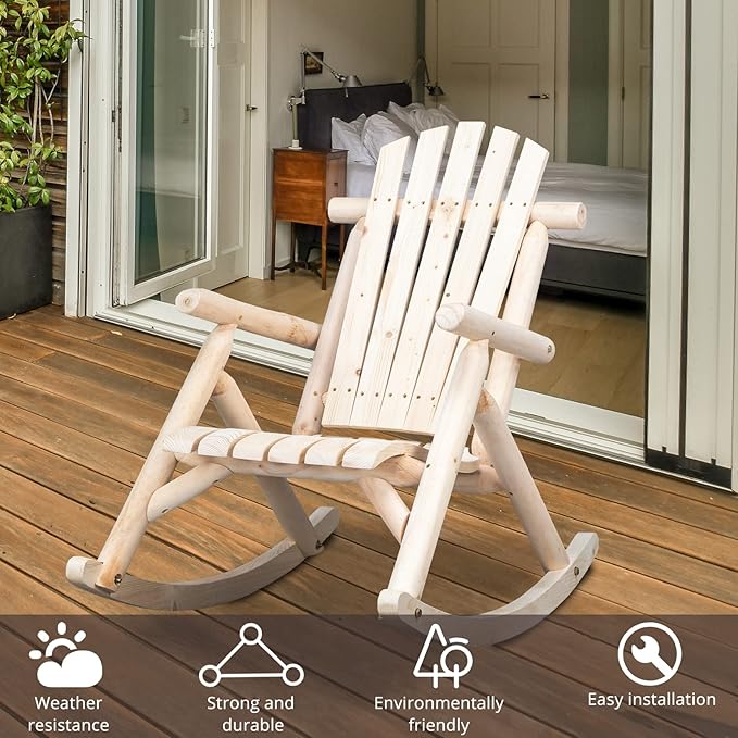 Outvita Wooden Rocking Chair, Fir Log Adirondack Rocker, Outdoor Wood Accent Furniture Lounge Chairs for Garden Patio Backyard Porch (Natural Finish)