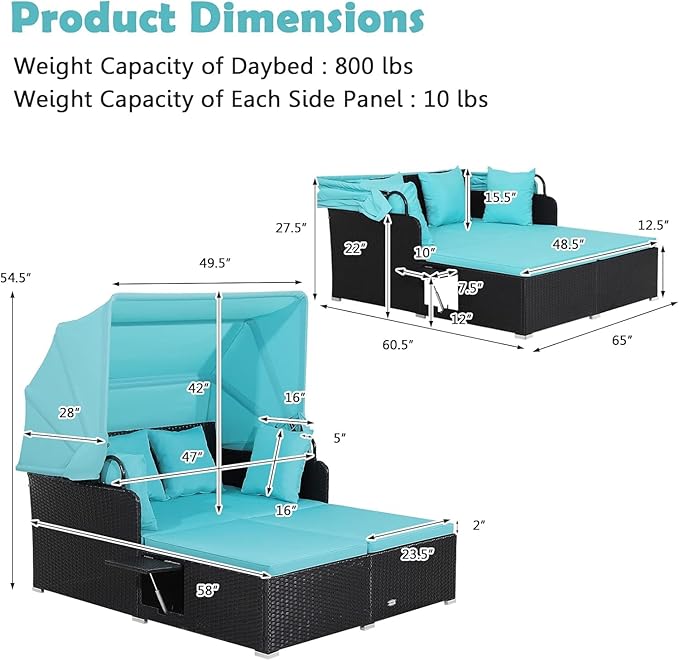 Tangkula Patio Rattan Daybed with Retractable Canopy, Patiojoy Wicker Sun Lounger with 2 Foldable Side Panels - Photo 4