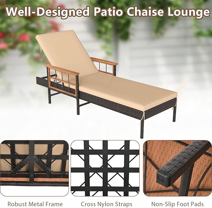 Tangkula 3 Pieces Patio Chaise Lounge Set, 2 Rattan Lounge Chairs with 4-Level Adjustable Backrest - Photo 8