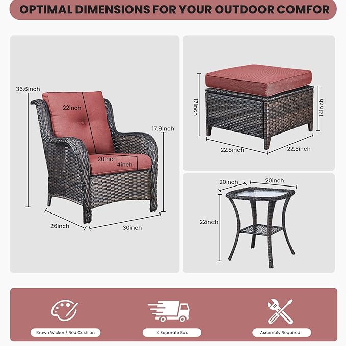 Belord Outdoor Wicker Furniture 5 Pieces Patio Furniture Set Patio Chairs with Ottomans and Side Table Conversation Set - Photo 3