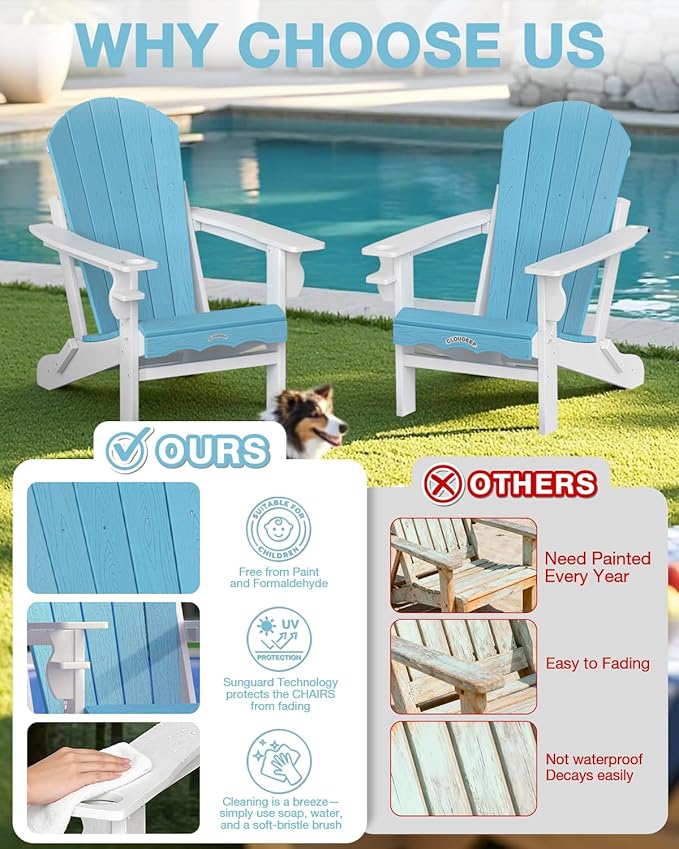 Folding Adirondack Chair –Recyclable HDPE Outdoor Adirondack Patio Chair with Cup Holder, Wood Texture & Umbrella Hole - Photo 7