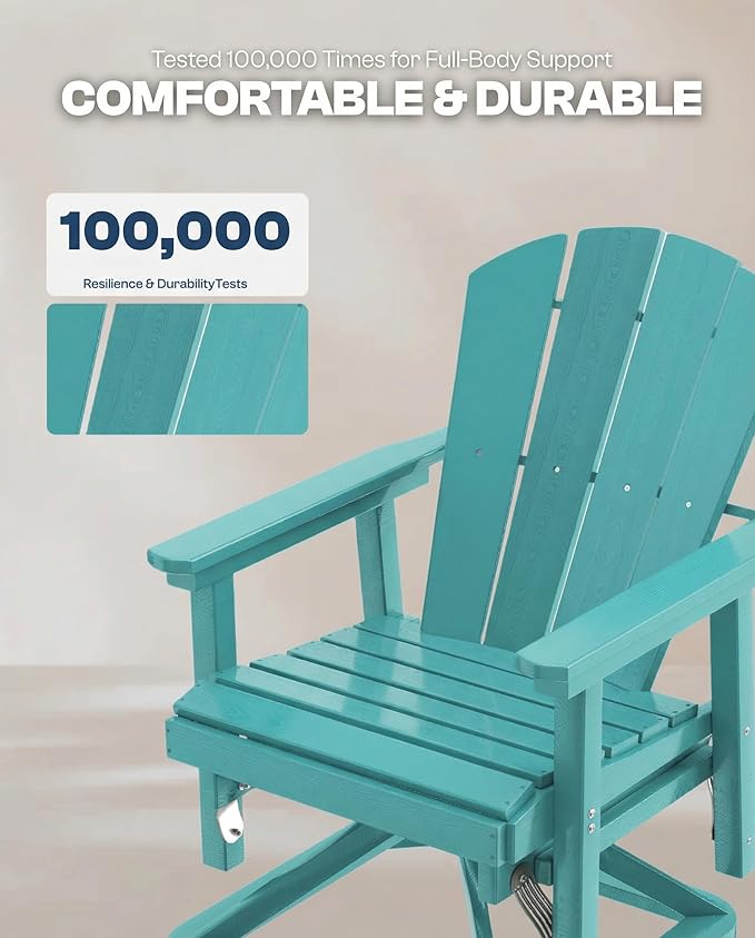 HDPE Swivel Glider Chair Outdoor, Weather Resistant Adirondack Outside Rocking Chair, Wooden Textured Outdoor Swivel Chair Set of 4 for Porch, Balcony, Poolside, Backyard (Aruba Blue)