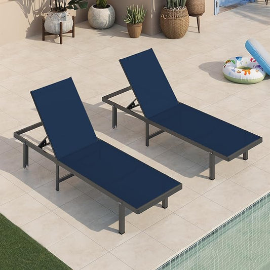 Aluminum Outdoor Lounge Chairs Set of 2, Pool Lounge Chairs with Wheels and 5-Position Recliner -Easy to Move- Patio Chaise Lounge Outdoor for Poolside, Deck, Beach (NavyBlue)