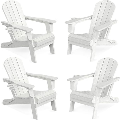LOUNZY Folding Adirondack Chair Set of 4, HDPE All-Weather Folding Adirondack Chair with Cup Holders, Outdoor Patio Adirondack Chair for Deck Lawn Fire Pit, White
