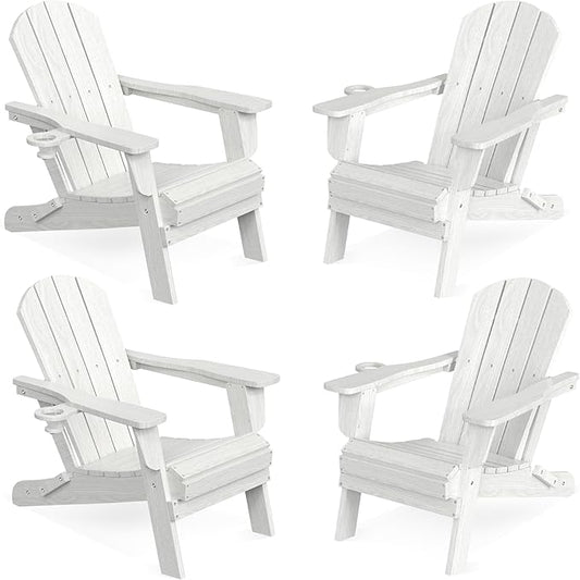 LOUNZY Folding Adirondack Chair Set of 4, HDPE All-Weather Folding Adirondack Chair with Cup Holders, Outdoor Patio Adirondack Chair for Deck Lawn Fire Pit, White