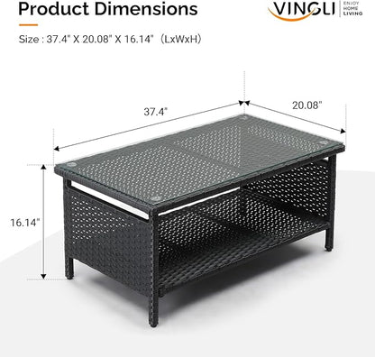 VINGLI Outdoor Wicker CoffeeTable Patio Coffee Tables for Outside, Tempered Glass Top Wicker Table with Storage Coffee Table for Patio Balcony Porch Deck (Black)
