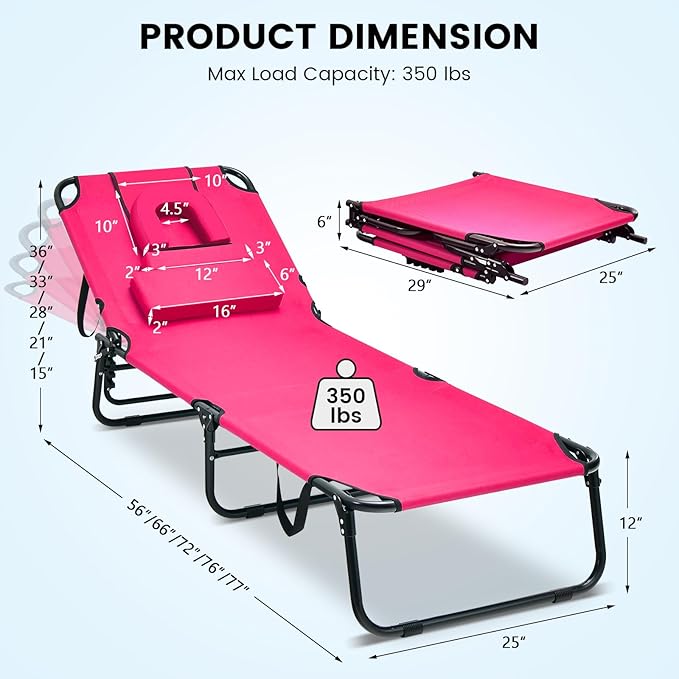 GYMAX Tanning Chair, 330lbs Beach Lounge Chair with Face Hole, Washable Pillow & Carry Strap, Adjustable Folding Chaise Lounge, Layout Chair for Outside, Patio, Poolside, Lawn (1, Pink)